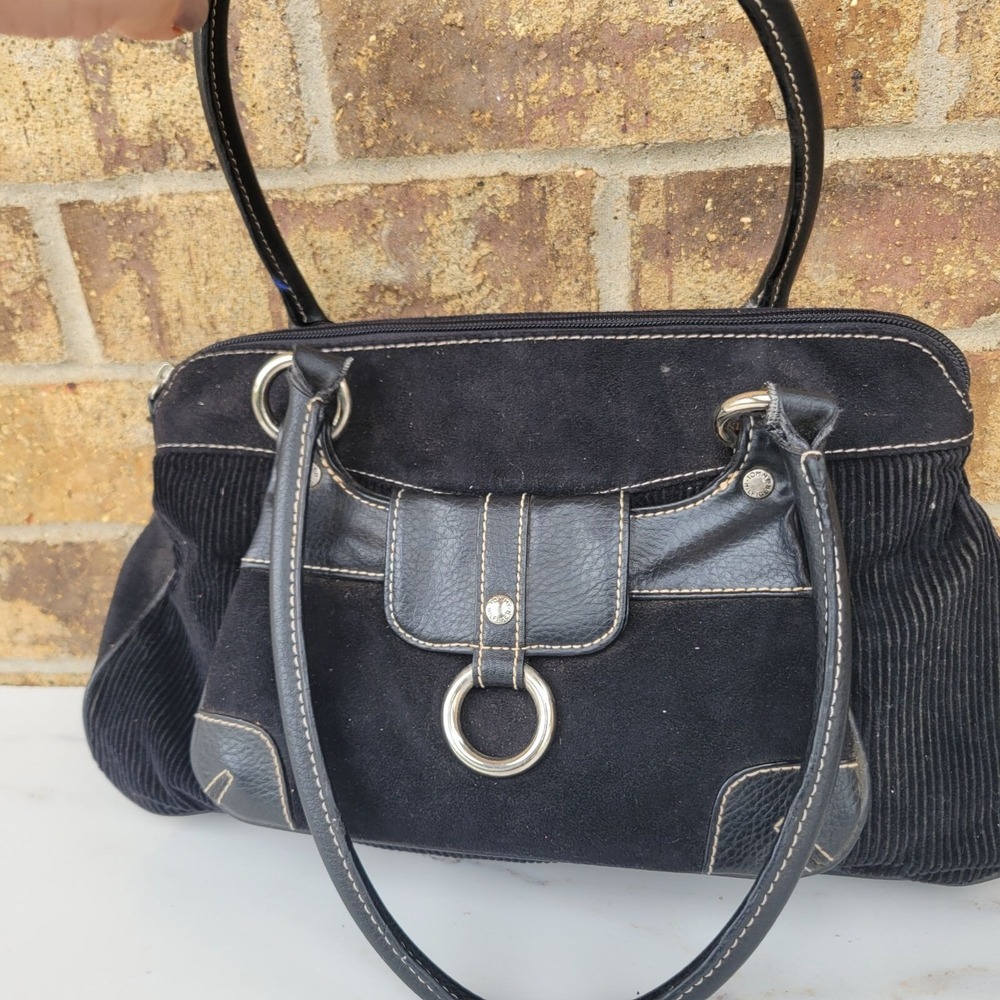 Tommy Hilfiger Black Corduroy & Faux Leather Shoulder Bag With Silver Ring...